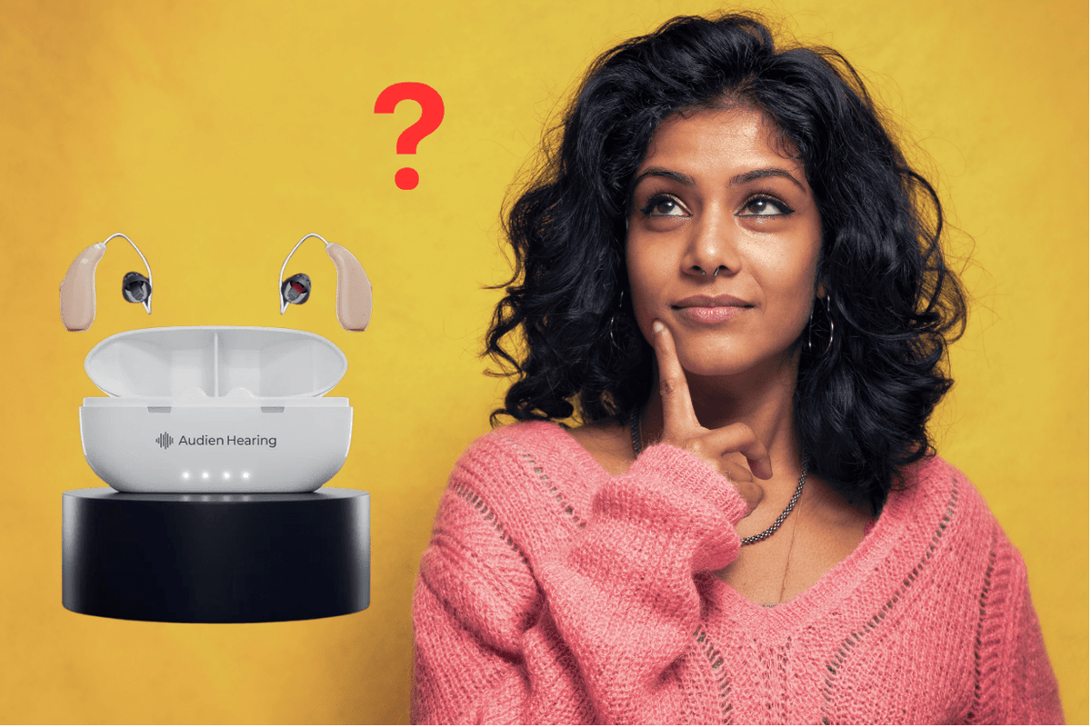 Woman with brown skin thinking about the Audien ION Pro with a yellow background
