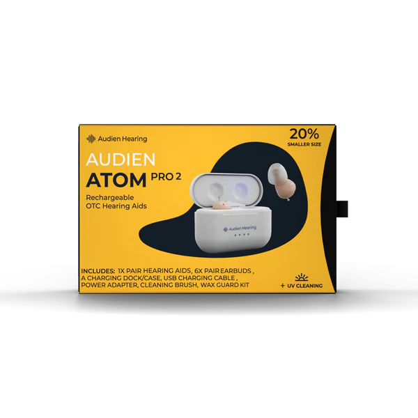 Audien Atom Pro 2 hearing aid packaging on a white background

