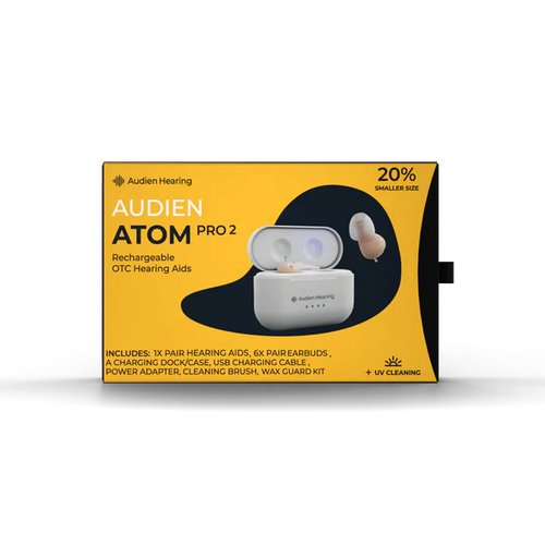 Audien Atom Pro 2 hearing aid packaging on a white background

