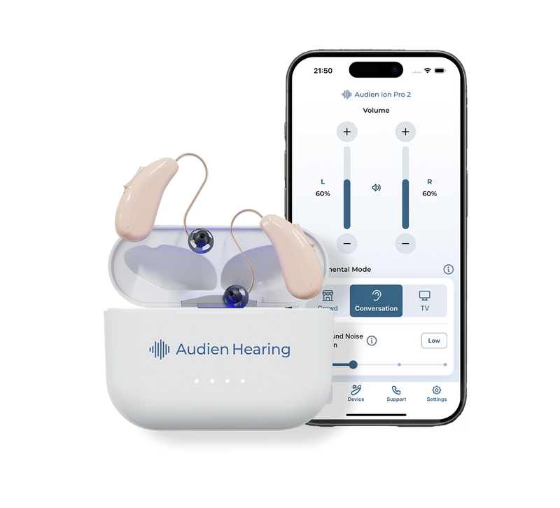 Hearing aids with a smartphone displaying the Audien Hearing app on a white background