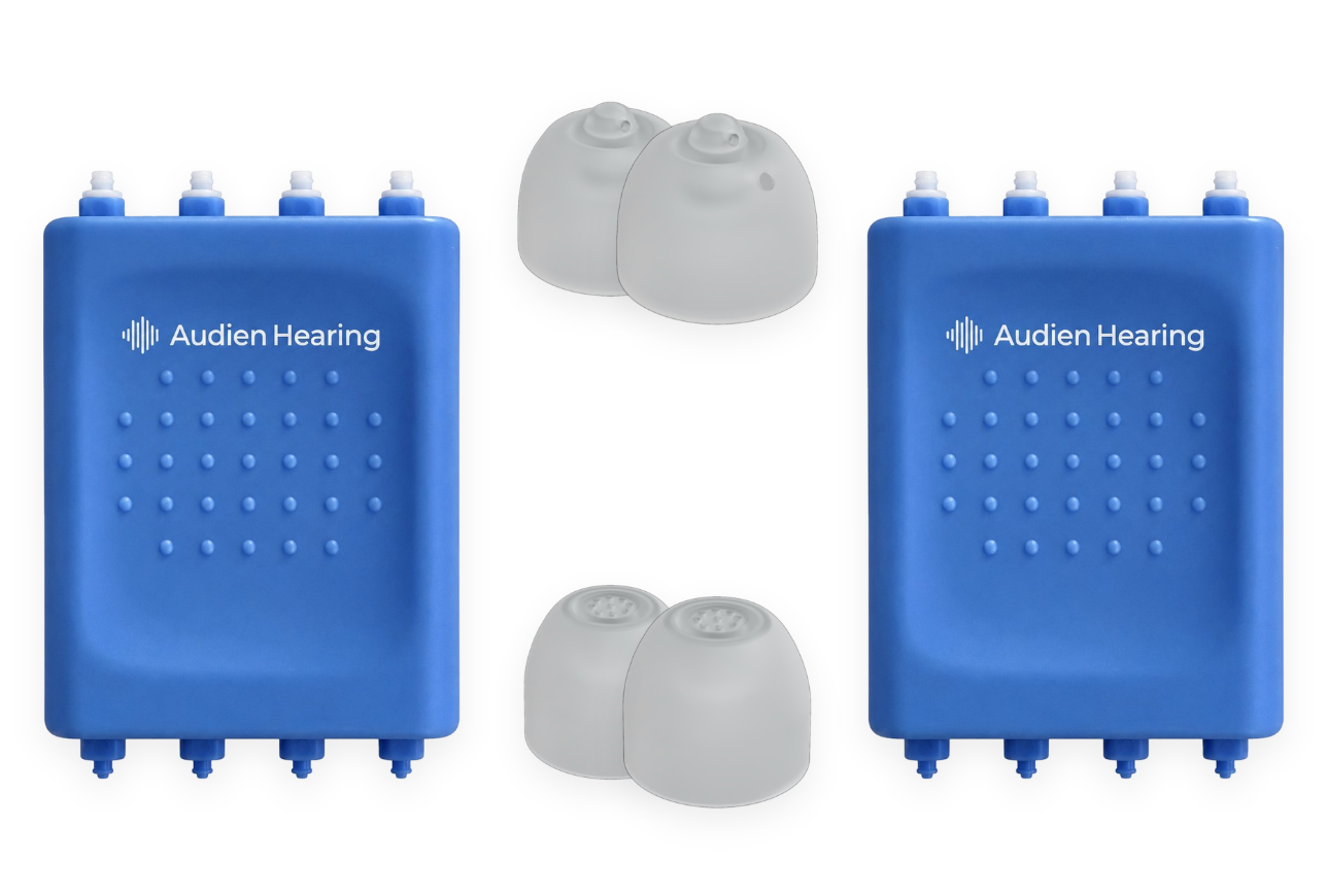 Blue Audien Hearing device with gray earpieces on a white background