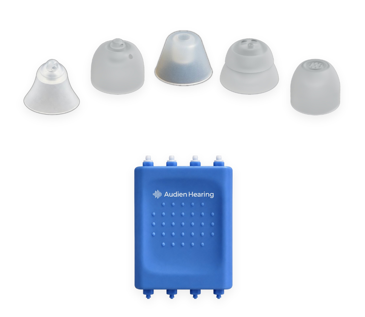 Blue Audien Hearing device with five gray silicone ear tips on a white background