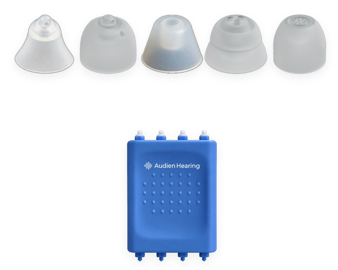 Blue device with Audien Hearing logo and five gray silicone ear tips on a white background