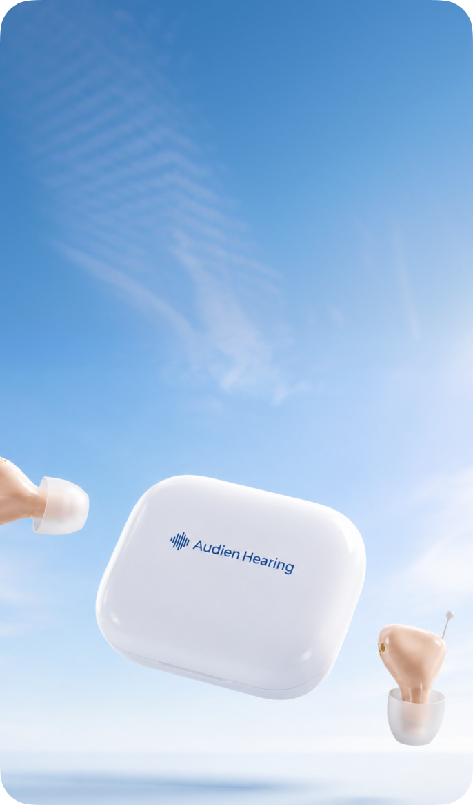 White hearing aid device with Audien Hearing logo against a blue gradient background
